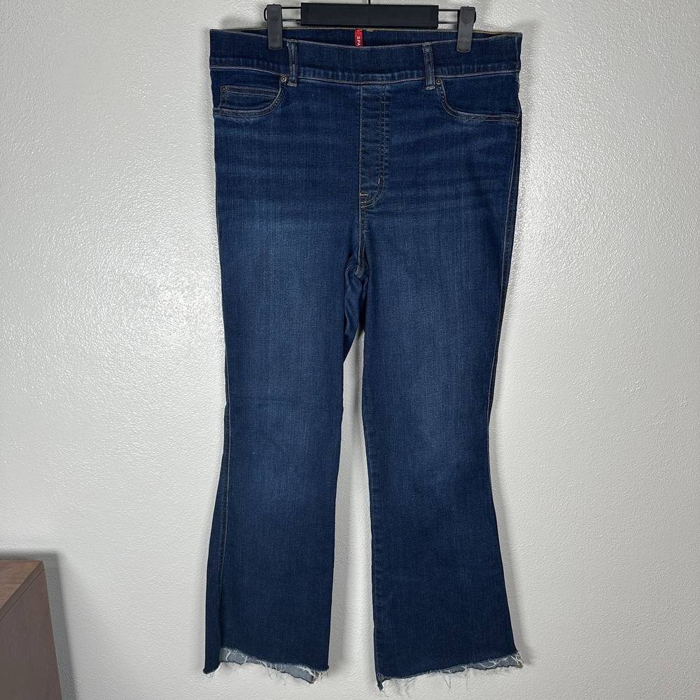 SPANX 20327T Flare Jeans Midnight Shade‎ Pull On Stretch Denim Sz XLTall Raw Hem
